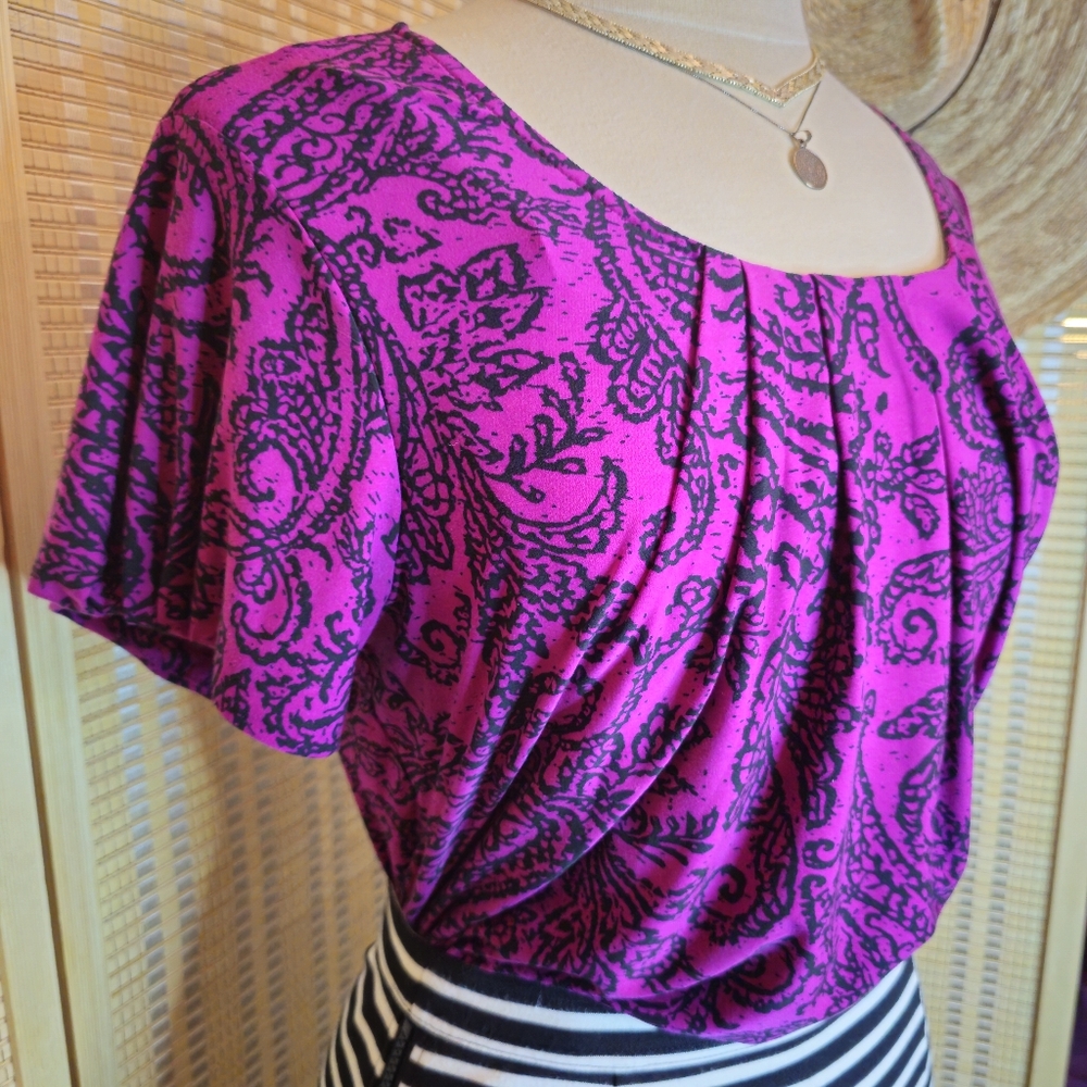 Magenta With Black Paisley Print Ultra Soft Short Sleeve Pleated Blouse